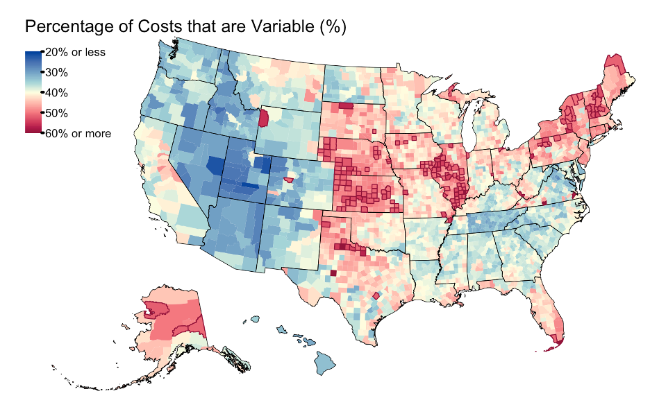 The percentage of total costs that are variable by county